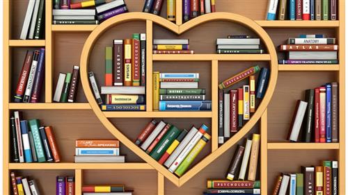 heart shaped, wooden bookshelf filled with books